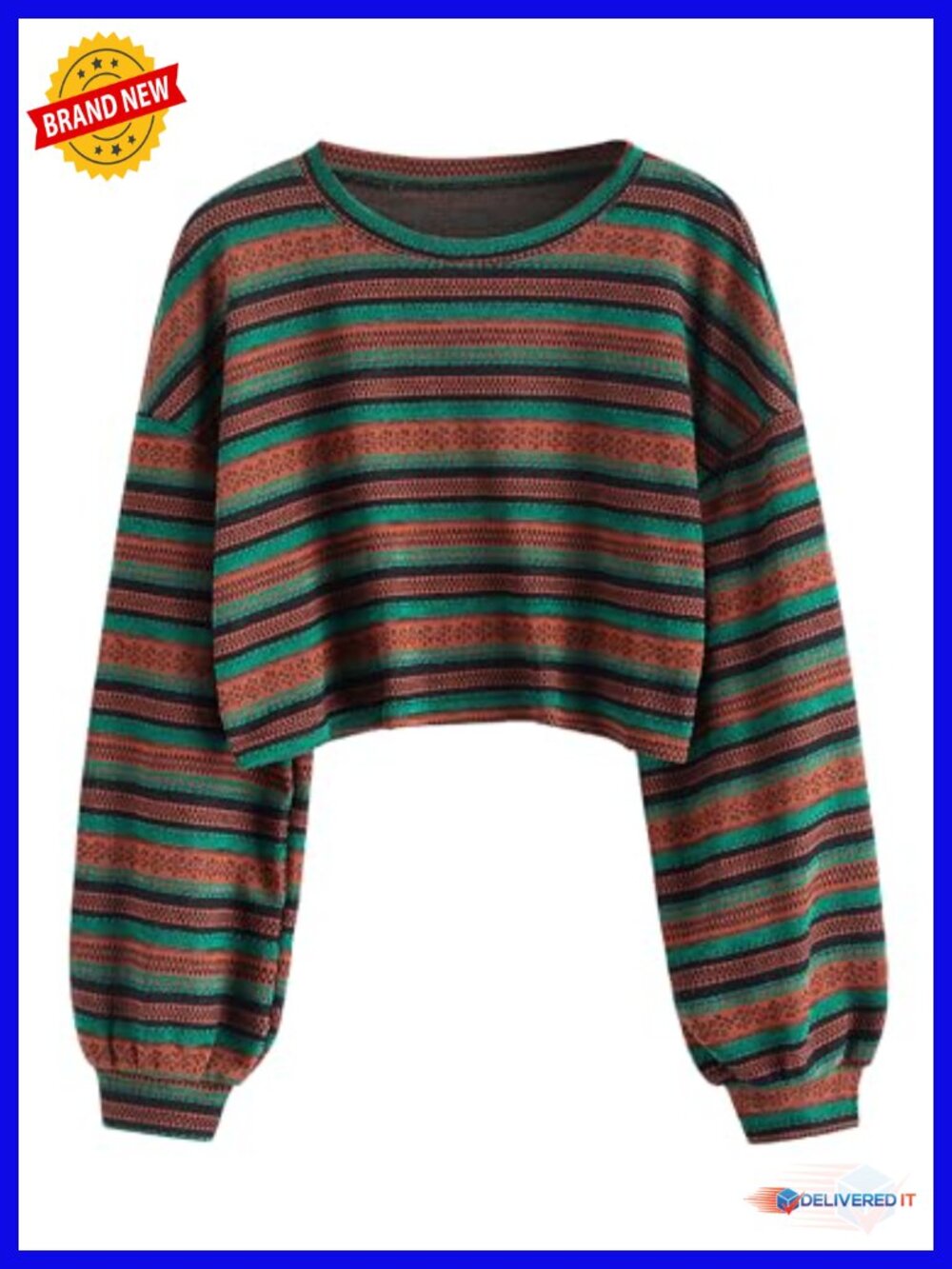 Tribal Ethnic Print Cropped Knitwear Boho Drop Shoulder Long Sleeve Pullover